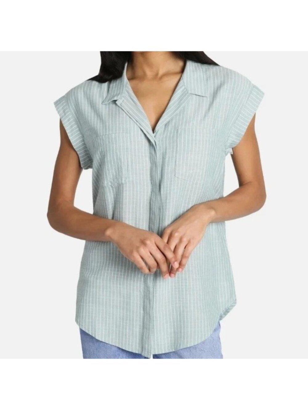 NWT Jachs Girlfriend Women's M Green Striped Sleeveless Button-Up Shirt